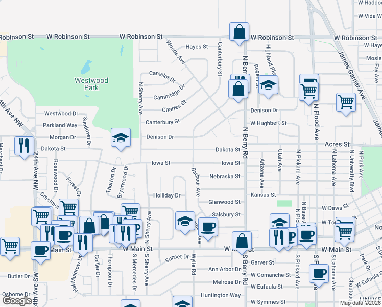 map of restaurants, bars, coffee shops, grocery stores, and more near 1505 Iowa Street in Norman