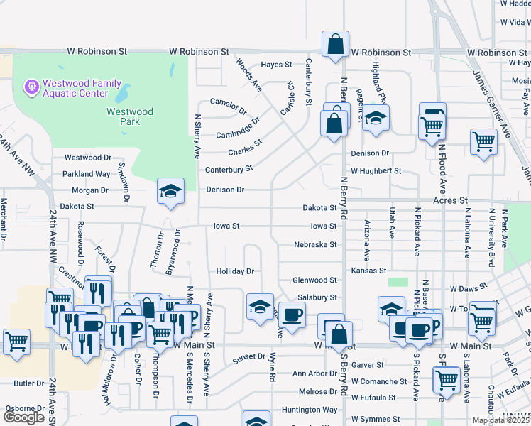 map of restaurants, bars, coffee shops, grocery stores, and more near 1505 Iowa Street in Norman