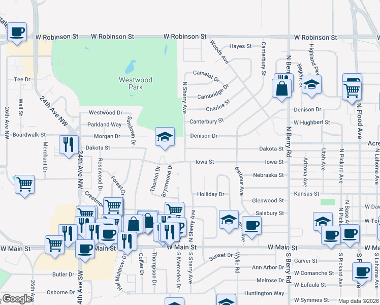 map of restaurants, bars, coffee shops, grocery stores, and more near 1710 Dakota Street in Norman