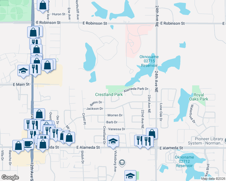 map of restaurants, bars, coffee shops, grocery stores, and more near 501 Crestland Drive in Norman