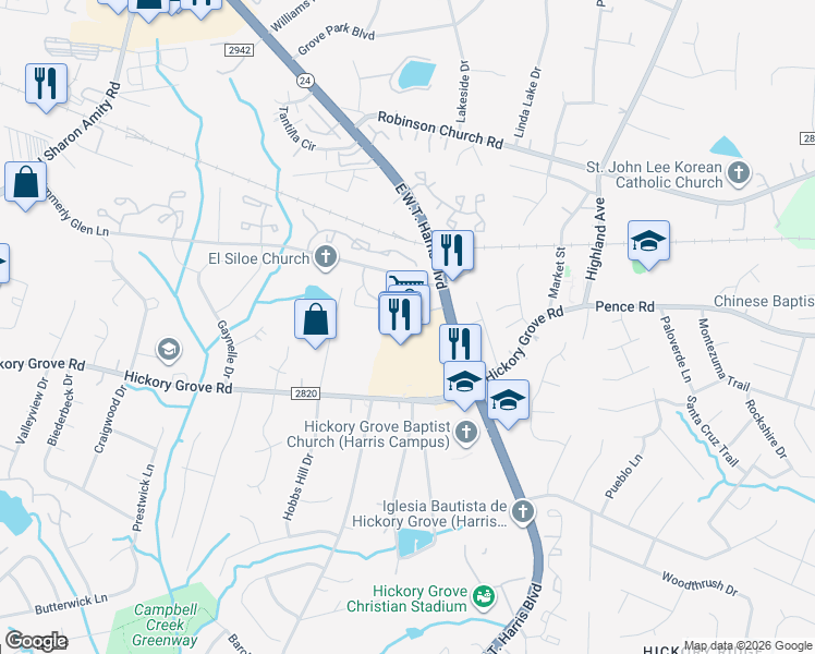 map of restaurants, bars, coffee shops, grocery stores, and more near 7004 East West T Harris Boulevard in Charlotte