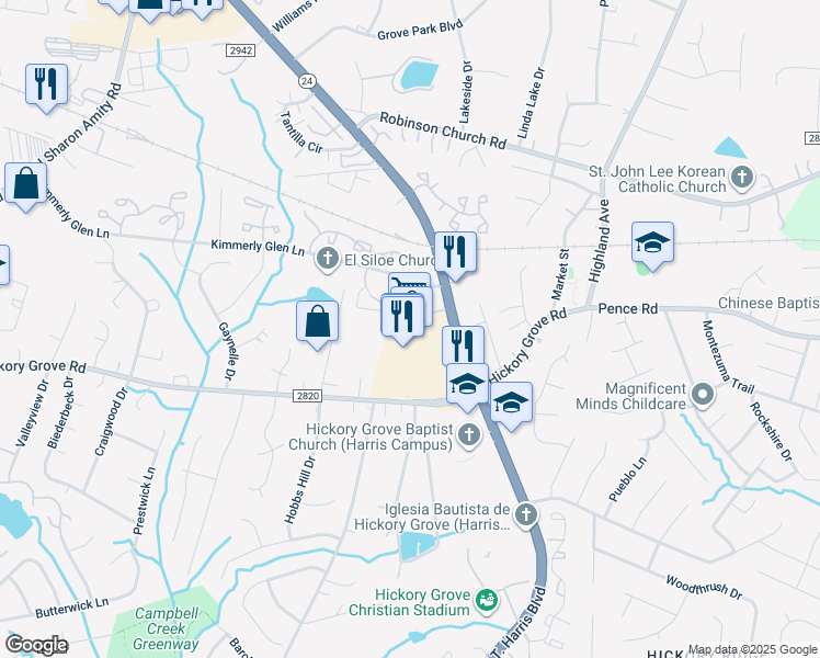 map of restaurants, bars, coffee shops, grocery stores, and more near 7004 East West T Harris Boulevard in Charlotte