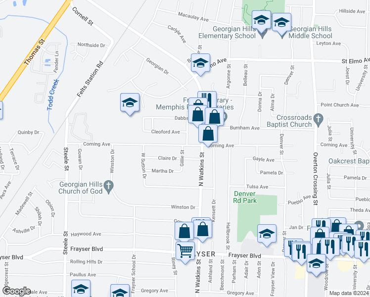 map of restaurants, bars, coffee shops, grocery stores, and more near 3642 Gillie Street in Memphis