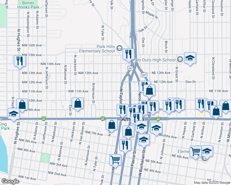 map of restaurants, bars, coffee shops, grocery stores, and more near 1005 N Taylor St in Amarillo