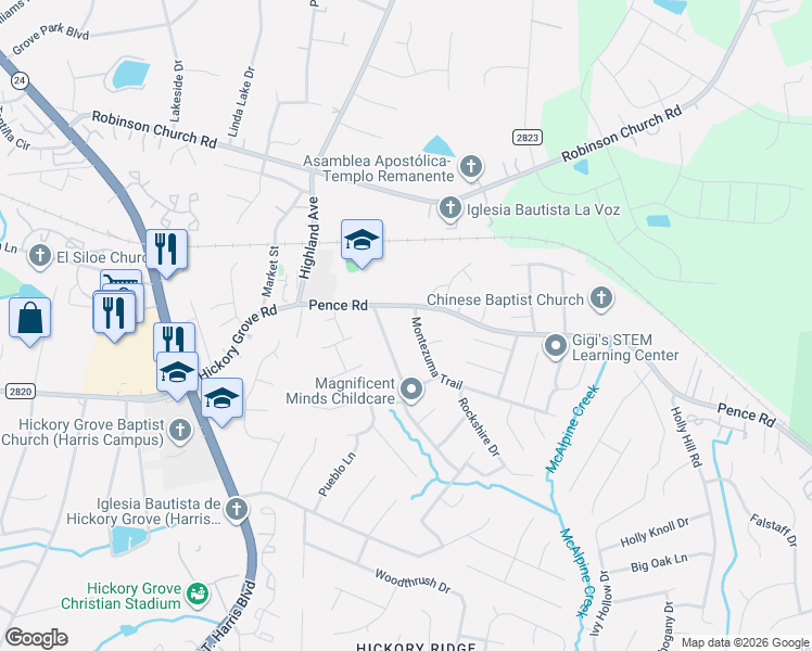 map of restaurants, bars, coffee shops, grocery stores, and more near 6702 Paloverde Lane in Charlotte