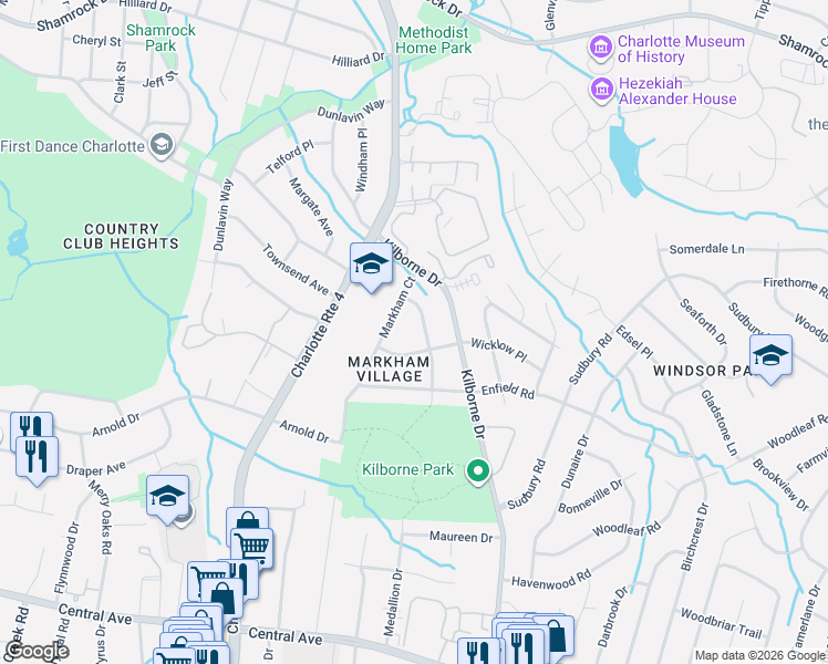 map of restaurants, bars, coffee shops, grocery stores, and more near 2250 Falmouth Road in Charlotte