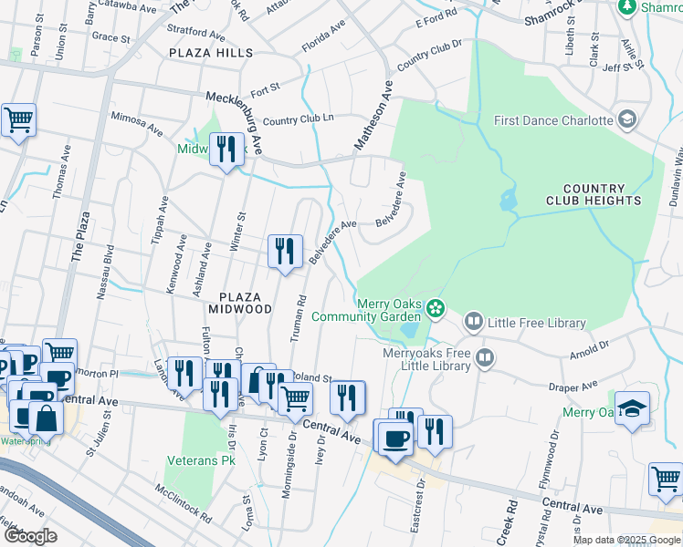 map of restaurants, bars, coffee shops, grocery stores, and more near 1938 Dunhill Drive in Charlotte