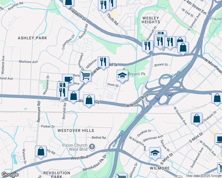 map of restaurants, bars, coffee shops, grocery stores, and more near 2021 Morton Street in Charlotte