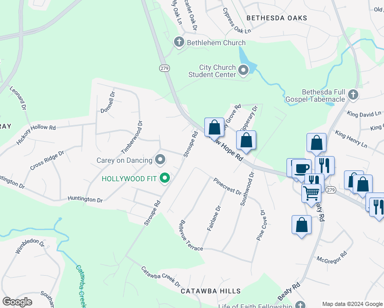 map of restaurants, bars, coffee shops, grocery stores, and more near 3602 Pinecrest Drive in Gastonia