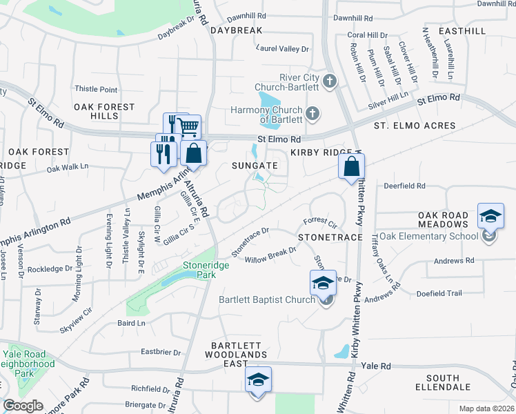 map of restaurants, bars, coffee shops, grocery stores, and more near 6609 Sungate Drive West in Memphis
