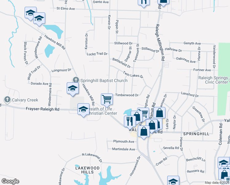 map of restaurants, bars, coffee shops, grocery stores, and more near 3933 Timberwood Drive in Memphis
