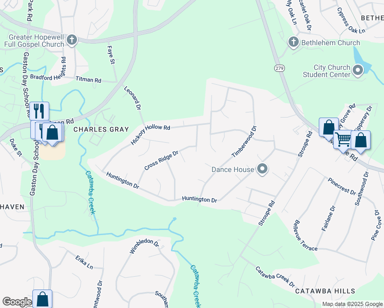 map of restaurants, bars, coffee shops, grocery stores, and more near 112 Woodfox Court in Gastonia