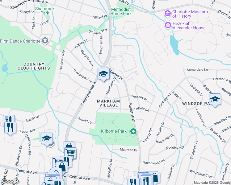 map of restaurants, bars, coffee shops, grocery stores, and more near 2250 Falmouth Road in Charlotte