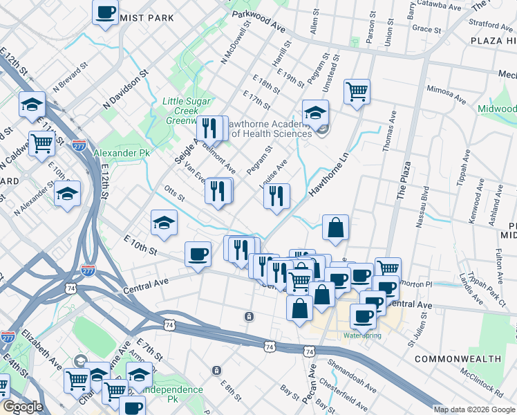 map of restaurants, bars, coffee shops, grocery stores, and more near 1101 Hawthorne Lane in Charlotte