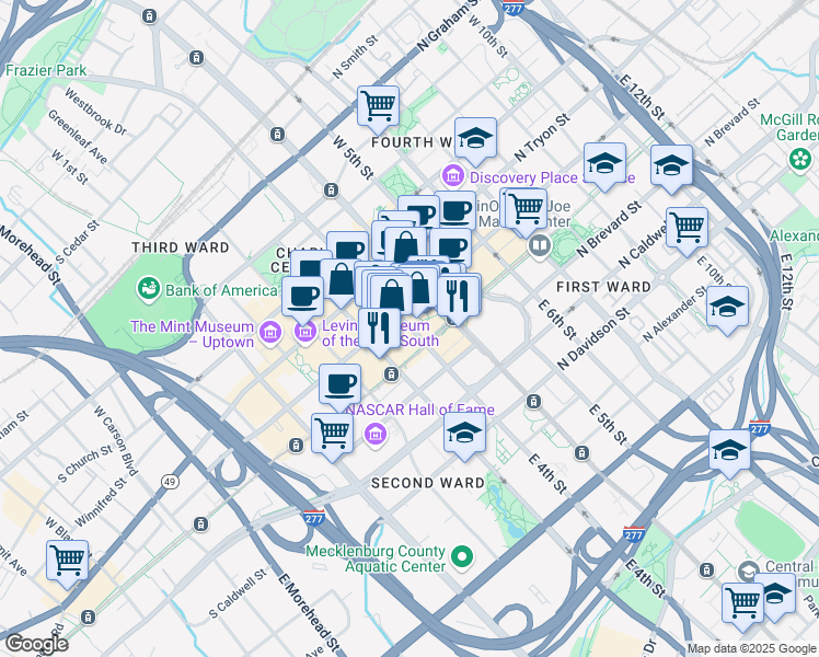 map of restaurants, bars, coffee shops, grocery stores, and more near 201 South College Street in Charlotte
