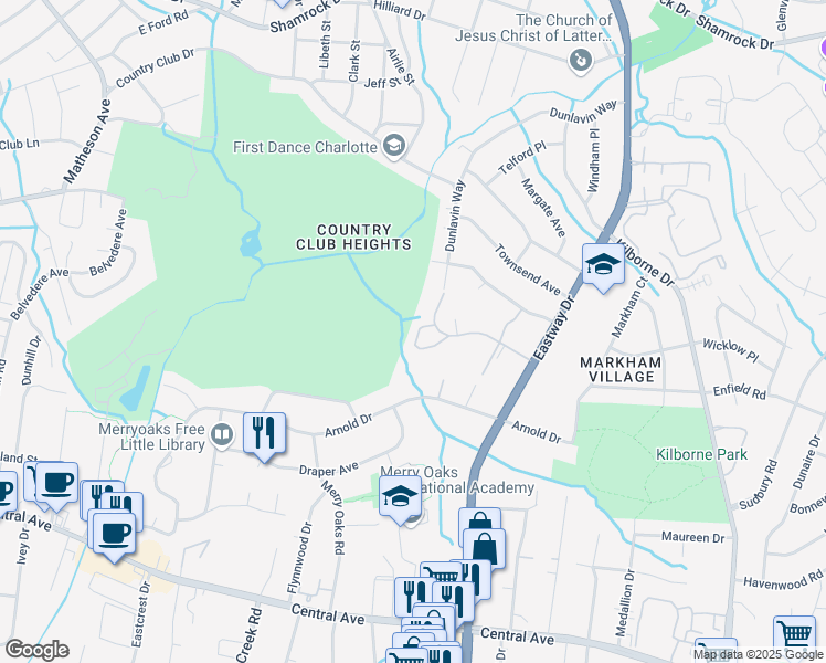 map of restaurants, bars, coffee shops, grocery stores, and more near 2467 Dunlavin Way in Charlotte