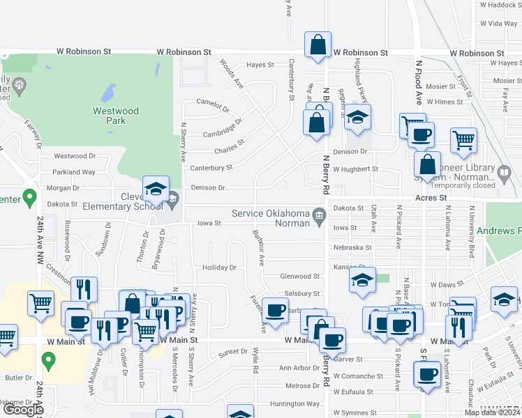 map of restaurants, bars, coffee shops, grocery stores, and more near 1246 Dakota Street in Norman