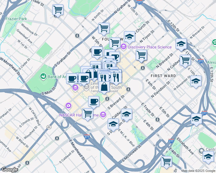 map of restaurants, bars, coffee shops, grocery stores, and more near 200 East 3rd Street in Charlotte