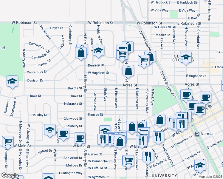 map of restaurants, bars, coffee shops, grocery stores, and more near 707 Dakota Street in Norman