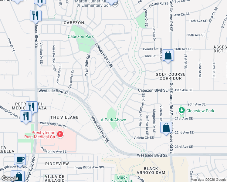 map of restaurants, bars, coffee shops, grocery stores, and more near 2508 Mesa Crotalo Road Southeast in Rio Rancho