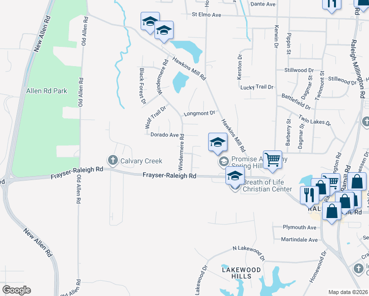 map of restaurants, bars, coffee shops, grocery stores, and more near 3621 Windermere Road in Memphis