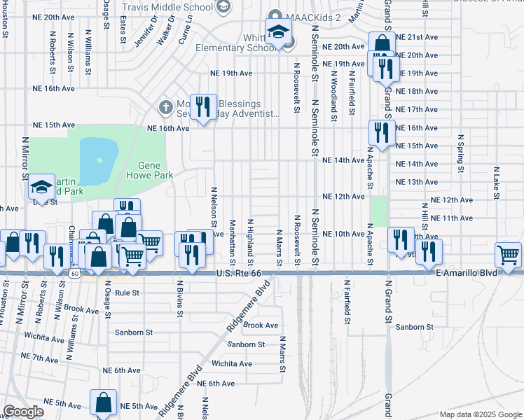 map of restaurants, bars, coffee shops, grocery stores, and more near 3002 Northeast 11th Avenue in Amarillo