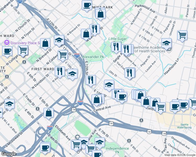 map of restaurants, bars, coffee shops, grocery stores, and more near 725 Seigle Avenue in Charlotte