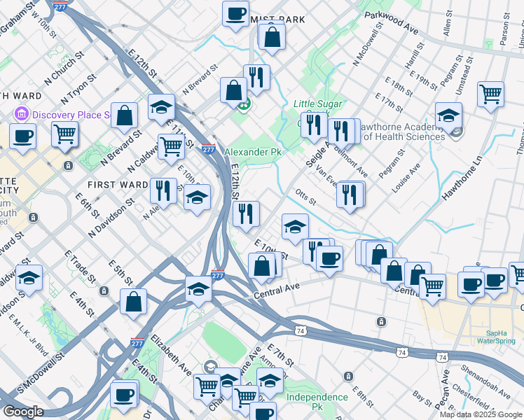 map of restaurants, bars, coffee shops, grocery stores, and more near 724 Seigle Avenue in Charlotte