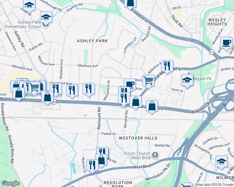 map of restaurants, bars, coffee shops, grocery stores, and more near 2461 Arty Avenue in Charlotte