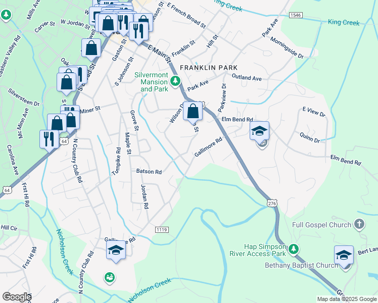 map of restaurants, bars, coffee shops, grocery stores, and more near 369 Wilson Drive in Brevard