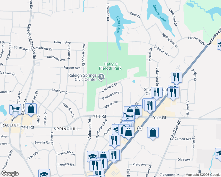 map of restaurants, bars, coffee shops, grocery stores, and more near 4478 Garrison Avenue in Memphis