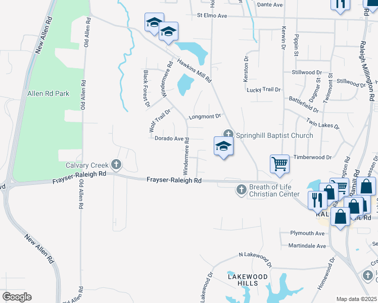 map of restaurants, bars, coffee shops, grocery stores, and more near 3621 Windermere Road in Memphis