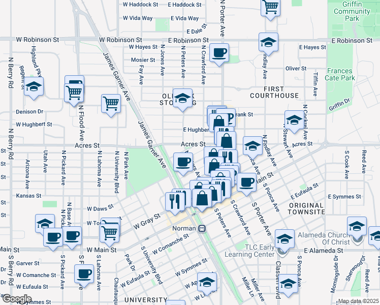 map of restaurants, bars, coffee shops, grocery stores, and more near 410 North Peters Avenue in Norman