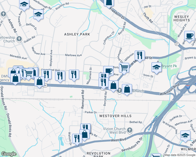 map of restaurants, bars, coffee shops, grocery stores, and more near 2461 Arty Avenue in Charlotte