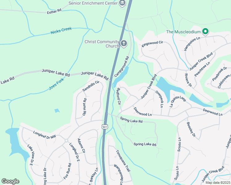 map of restaurants, bars, coffee shops, grocery stores, and more near 17 Bedford Circle in Pinehurst