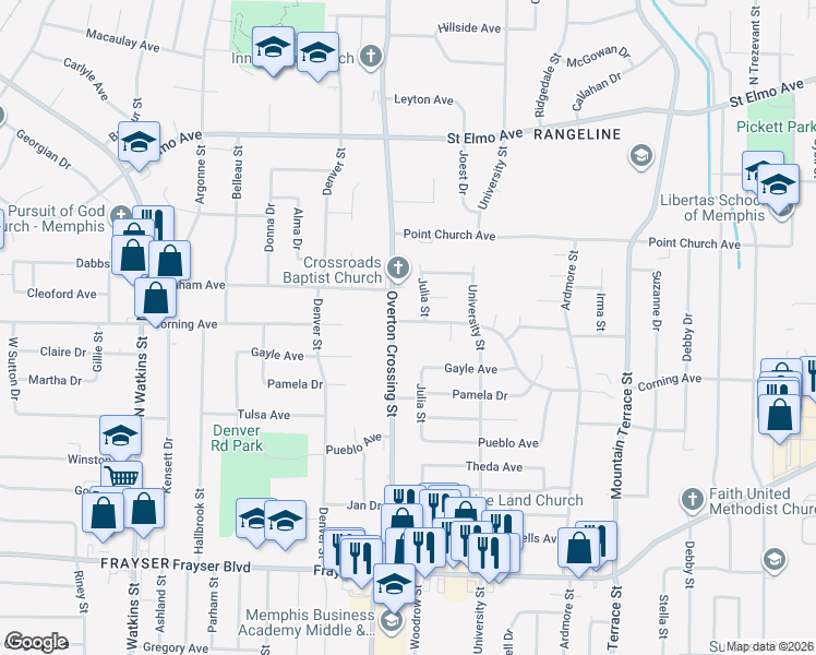 map of restaurants, bars, coffee shops, grocery stores, and more near 3628 Overton Crossing Street in Memphis