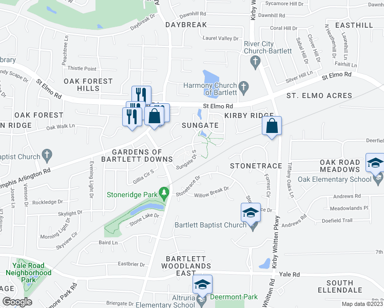 map of restaurants, bars, coffee shops, grocery stores, and more near 6614 Sungate Drive South in Memphis