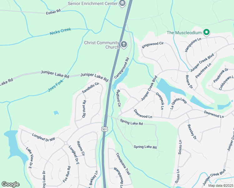 map of restaurants, bars, coffee shops, grocery stores, and more near 17 Bedford Circle in Pinehurst