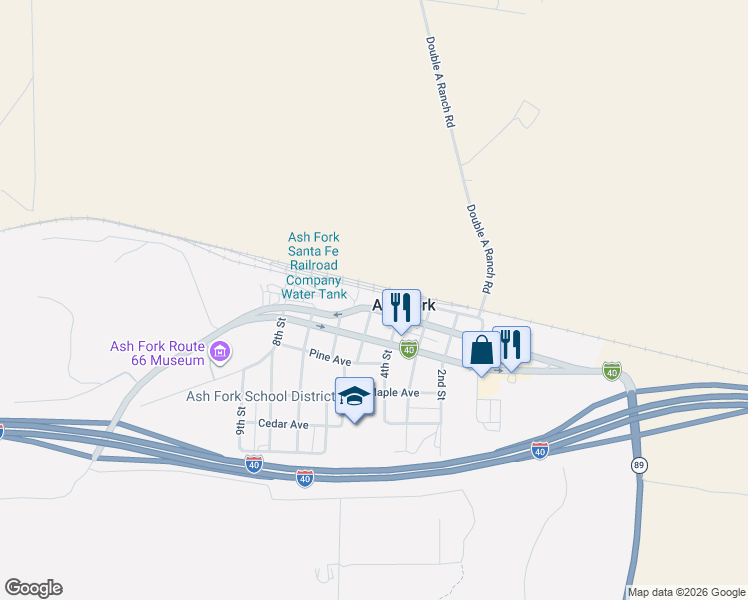 map of restaurants, bars, coffee shops, grocery stores, and more near 389 Lewis Avenue in Ash Fork
