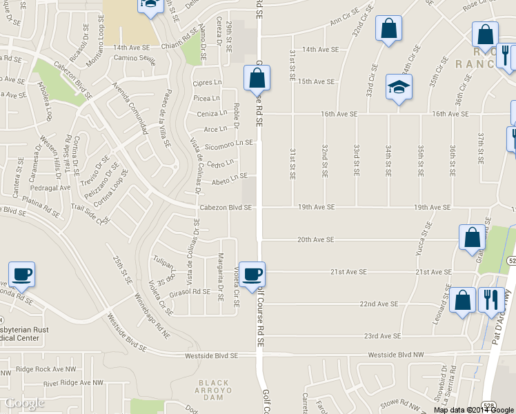 map of restaurants, bars, coffee shops, grocery stores, and more near 19th Avenue Southeast in Albuquerque