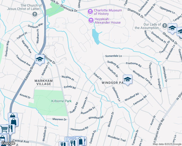 map of restaurants, bars, coffee shops, grocery stores, and more near 3435 Sudbury Road in Charlotte
