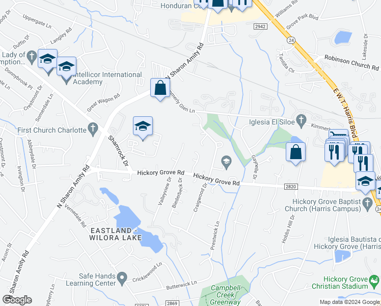 map of restaurants, bars, coffee shops, grocery stores, and more near 4606 Eastwycke Place Drive in Charlotte