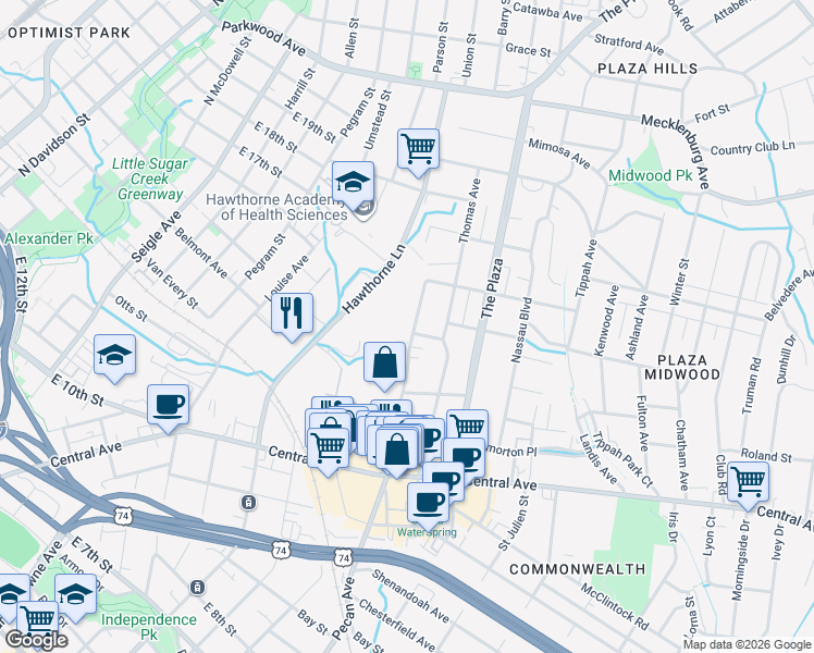 map of restaurants, bars, coffee shops, grocery stores, and more near 1570 Pecan Avenue in Charlotte