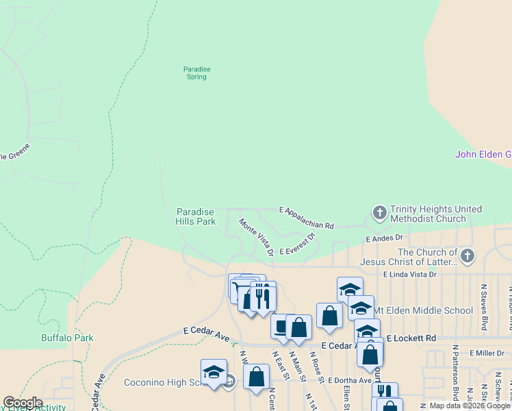 map of restaurants, bars, coffee shops, grocery stores, and more near 3521 North Eiger Mountain Road in Flagstaff