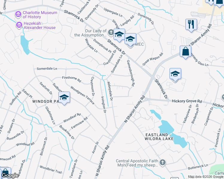 map of restaurants, bars, coffee shops, grocery stores, and more near 4313 Ivanhoe Place in Charlotte