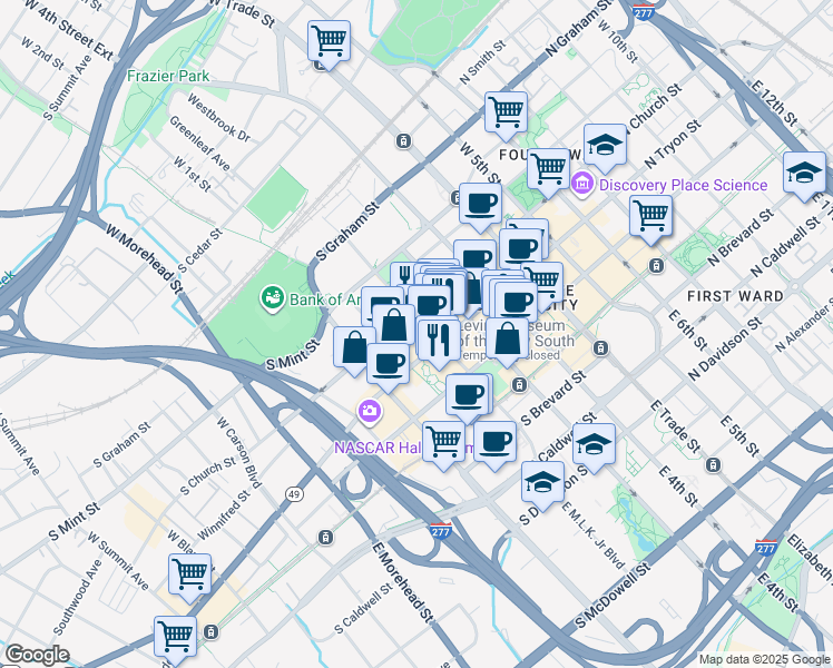 map of restaurants, bars, coffee shops, grocery stores, and more near 435 South Tryon Street in Charlotte