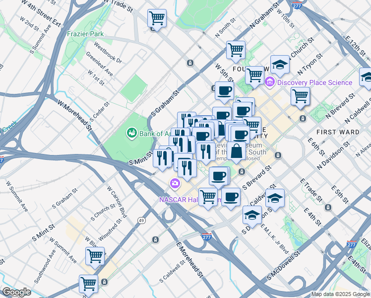 map of restaurants, bars, coffee shops, grocery stores, and more near 525 South Church Street in Charlotte