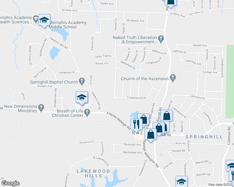 map of restaurants, bars, coffee shops, grocery stores, and more near 3933 Timberwood Drive in Memphis