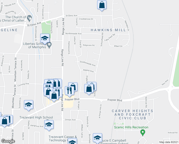 map of restaurants, bars, coffee shops, grocery stores, and more near 2817 Alpena Avenue in Memphis