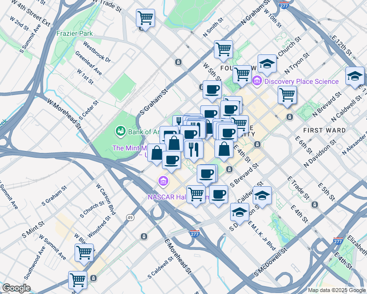 map of restaurants, bars, coffee shops, grocery stores, and more near 400 South Tryon Street in Charlotte